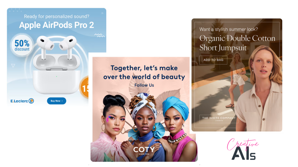 Examples of ad creatives made with AdCreative.ai, featuring a sleek e-commerce banner with a bold headline and product image, a vibrant Instagram post promoting a seasonal sale, and a professional Google ad showcasing a product with dynamic text and a clear call-to-action.